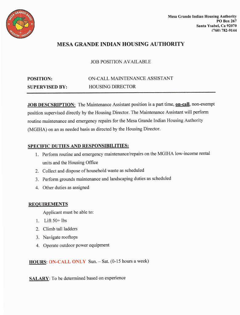 Job Position Available; Housing Authority Mesa Grande